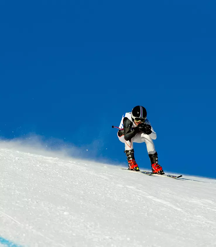 A skier to represent the debut of LYCRA® fiber in French ski suits at the 1968 winter games.